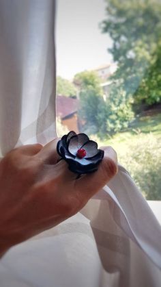 Statement Floral Ring Silver Leather Flower Oversize Black | Etsy Handmade Adjustable Enamel Ring As Gift, Black Flower-shaped Rings For Gifts, Black Flower Shaped Ring For Gifts, Black Flower Shaped Rings For Gift, Adjustable Flower Enamel Ring As Gift, Unique Handmade Adjustable Flower Ring, A Frozen Flower, Flower Blooming, Disney Bounding