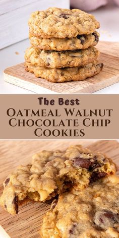 oatmeal walnut chocolate chip cookies stacked and with a bite taken out Crispy Oatmeal Chocolate Chip Cookies, Walnut Chocolate Chip Cookies, Recipe Easy Quick, Walnut Cookie Recipes, Chocolate Chip Walnut Cookies, Oatmeal Chocolate Chip Cookie Recipe, Walnut Recipes, Easy Oatmeal, Walnut Cookies