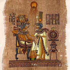 an egyptian painting with two people sitting on a chair and one is holding the hand of another person