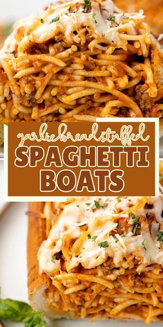 spaghetti boats with cheese and sauce on top