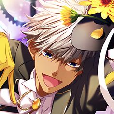 an anime character with white hair and yellow flowers on his head