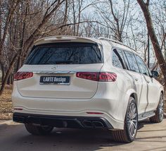 the rear end of a white suv parked in front of trees