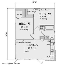 the floor plan for a small house with two bedroom and an attached living room area