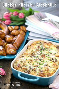 this cheesy pretzel casserole is ready to be eaten and served