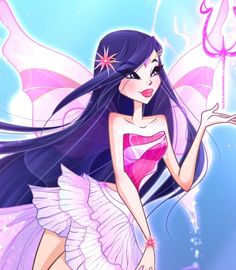 a pretty young lady dressed in pink and purple holding a wand with stars on it