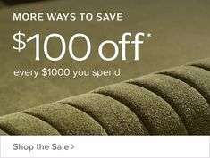 a green couch with the words $ 100 off every $ 300 you spend shop the sale