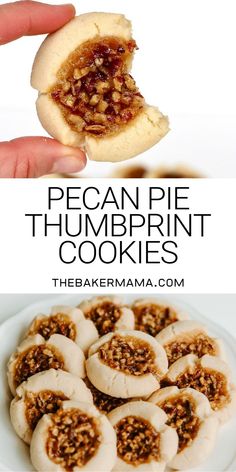 pecan pie thumbprint cookies on a white plate with text overlay that reads pecan pie thumbprint cookies