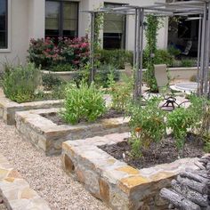 an outdoor garden area with stone steps and plants in the foreground, near a house