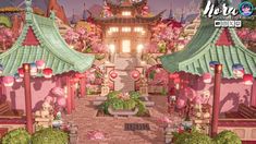 an animated image of a chinese garden with pink flowers and trees in the foreground