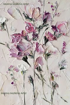 a painting of pink flowers on a white background with the words marina makina artist