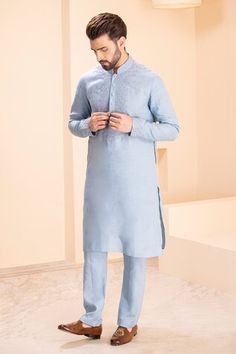 Blue linen kurta with placed dori embroidery on front yoke. Paired with a matching plain aligadhi. - Aza Fashions Festive Light Blue Kurta With Floral Embroidery, Fitted Light Blue Kurta For Diwali, Fitted Light Blue Chikankari Kurta, Fitted Light Blue Embroidered Kurta, Designer Embroidered Light Blue Kurta, Traditional Light Blue Kurta For Eid, Designer Light Blue Embroidered Kurta, Fitted Designer Light Blue Kurta, Blue Sherwani With Embroidered Border For Wedding