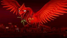 a large red bird flying over a city at night