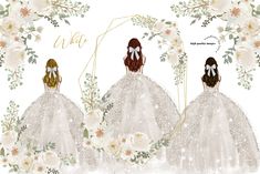 three brides in white dresses with flowers and greenery on the sides, one wearing a bow