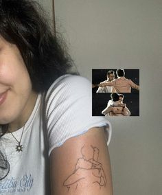 a woman with a tattoo on her arm smiling at the camera and another photo behind her