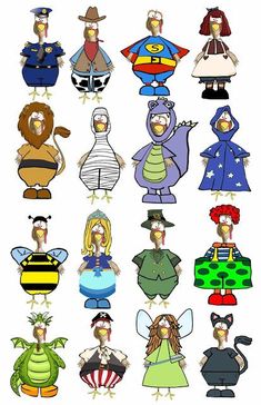 some cartoon characters with different costumes and hats on their heads, all in different colors