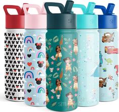 thermos bottles are lined up in different designs