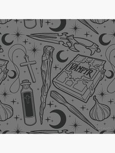 a black and white drawing of harry potter's wands, an ink bottle, and other items