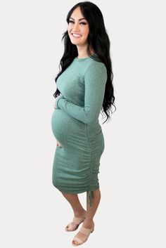 We cannot get enough of this ultra-soft long-sleeve pregnancy dress! While hugging all your curves, this cozy material will provide a flattering appearance for any Mama! And don’t forget the side ties at the bottom for a bit of added style! Great for all nine months of pregnancy and beyond. Maternity Fall Dresses, Bump Friendly, Fall Maternity Dresses Bump Friendly, Fall Maternity Bump Friendly Dresses, Casual Long Sleeve Maternity Dress For Fall, Long Sleeve Ruched Maternity Dress, Long Sleeve Bump Friendly Maternity Dress, Long Sleeve Maternity Dress, Bump Friendly, Maternity Long Sleeve Ruched Dress, Long Sleeve Maternity Dress For Spring