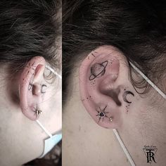 two pictures of the same ear with different designs on it and one has an image of saturn