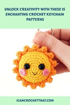 Hand holding a cheerful, crocheted sun keychain with the text “Unlock creativity with these 15 enchanting crochet keychain patterns”. Crochet Keychain Patterns, Sun Keychain, Keychain Crochet Pattern, Keychain Patterns, Crochet Sun, Crochet Hanging, Crochet Market