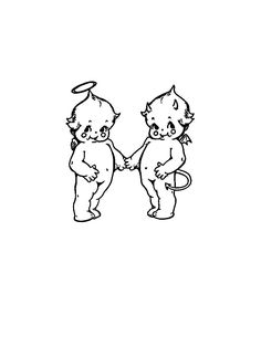 two little babies holding hands with an angel above them, in the middle of a black and white drawing