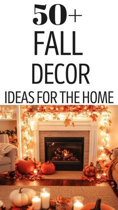 a living room filled with lots of candles and pumpkins on the fireplace mantel