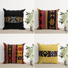 four pillows with different designs on them sitting next to a potted plant and vase