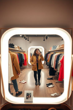 a woman standing in front of a mirror