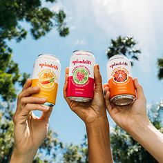 three people holding up cans of juice in front of the sky with trees behind them