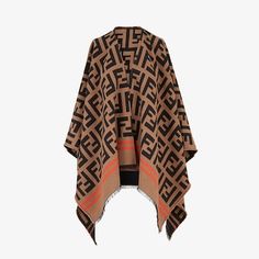 Large enveloping poncho made of a wool and silk jacquard woven with the macro FF pattern in shades of brown and black. Finished with a double stripe in a contrasting colour. Made in Italy. One Size Fendi Logo Design, Cashmere Poncho, Poncho Cape, Riga, Jacquard Weave, Silk Scarves, Versace, Burberry, Cardigans