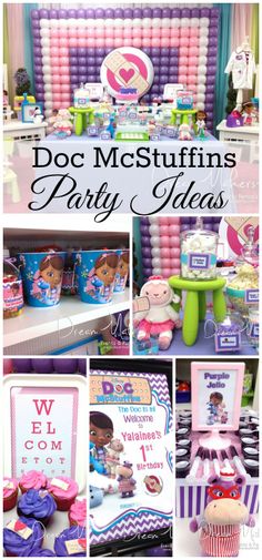 this is a collage of pictures with pink, purple and blue decorations for a doc mcstuffins party