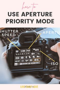 a person holding a camera with the words how to use apertureture priority mode on it