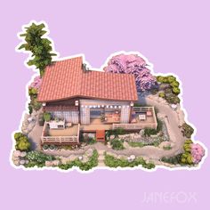 an image of a small house in the shape of a sticker on a purple background