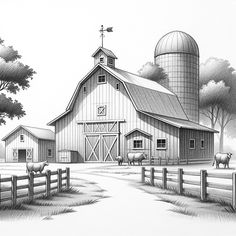 a pen and ink drawing of a farm scene with barn, silo and horses