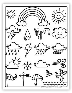 a coloring page with different weather symbols