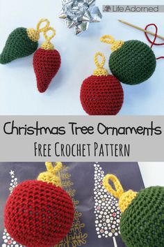 crocheted christmas tree ornaments with text overlay that reads, christmas tree ornaments free crochet pattern