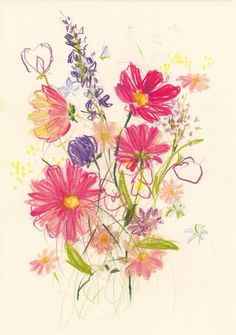 a drawing of colorful flowers in a vase