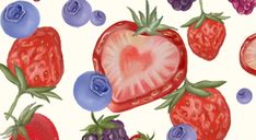 a painting of strawberries and blueberries on a white background