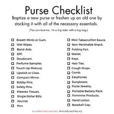 A Purse Packing Checklist with 30 Things You Should Have in Your Bag #What'sInMyBag, https://www.theworldaccordingtome.org/shopping/1732969_what-s-in-my-bag-essentials-for-a-busy-woman-on-the-go/? What Should You Have In Your Purse, Mom Friend Bag Essentials, What To Have In Your Purse, Purse Checklist, Purse Organization Inside, What To Have In Your Bag, Purse Packing, Mom Purse Essentials, Purse Essentials List