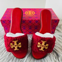 Brand New Never Worn Size 7 Color: Pomegranate Luxury Red Slip-on Sandals, Luxury Red Flat Sandals, Chic Burgundy Round Toe Sandals, Designer Closed Toe Red Sandals, Designer Red Closed Toe Sandals, Tory Burch Black Sandals, Tory Burch Slides, Ivory Sandals, Tory Burch Flip Flops