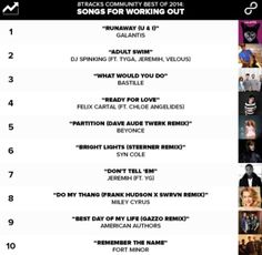 the top ten songs for working out, including one song by various artists and their names