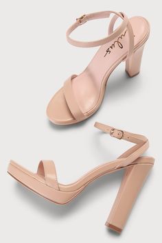 With the Lulus Lylaa Light Nude Platform High Heel Sandals in your closet, stylish days are here to stay! Smooth faux leather shapes these sultry heels that feature an almond-shaped toe bed, a 0.5"" toe platform, and a slender toe strap. Matching straps sprout from the sides to wrap and secure around the ankle with a shiny gold buckle. The stylish look wouldn't be complete without the sky-high block heel! 4. 5" wrapped block heel. Cushioned insole. Rubber sole has nonskid markings. Man made mate Feminine Sandals With 4-inch Block Heel, Summer Almond Toe Heels With 4-inch Heel, Elegant Block Heels With Heel Strap For Date Night, Elegant Block Heels With Heel Loop For Night Out, Elegant Block Heels With Stacked Heel For Date Night, Elegant Block Heel Sandals For Date Night, Elegant Ankle Strap Block Heels For Date Night, Elegant Block Heels With Ankle Strap For Date Night, Date Night Block Heels With Heel Strap