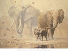 two elephants are standing next to each other with birds flying around them and one elephant has its trunk in the air