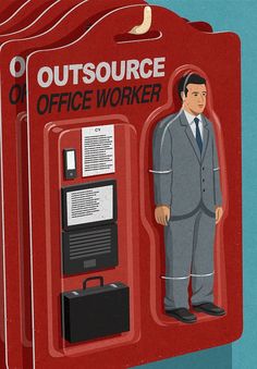 an illustration of a man in a suit standing next to a red box with the words outsource office worker on it