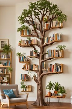 a living room with bookshelves on the wall and a tree in the corner