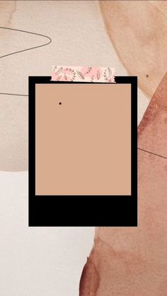 an abstract painting with pink flowers and black square in the center, on top of a beige background