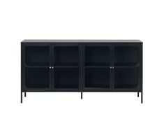 the sideboard is black and has three shelves with doors on one side, and two open