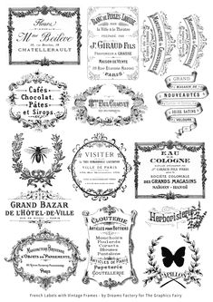 an assortment of vintage labels and frames for greeting cards or other items in black and white