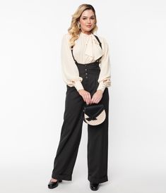 Get the gang together, dolls! Stay a step ahead of the fuzz with these fabulous suspender pants from Unique Vintage, boasting a jet black silhouette. Crafted in a marvelously woven fabric blend, the Thelma Pants feature a wide banded high waist cinched in with a darling button up front and secured by adjustable suspender straps, easily removable for versatile wear. Deep side pockets and wide legs with rolled cuffs make it easy to dust out! Available in sizes XS-5X while supplies last. Uv Clothing, Pant Suits For Women, Suspender Pants, Flat Dress Shoes, Vintage Inspired Fashion, Winter Formal, Black Silhouette, Pin Up Style, Vintage Branding