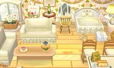 a living room filled with lots of furniture and flowers on the wall next to a window